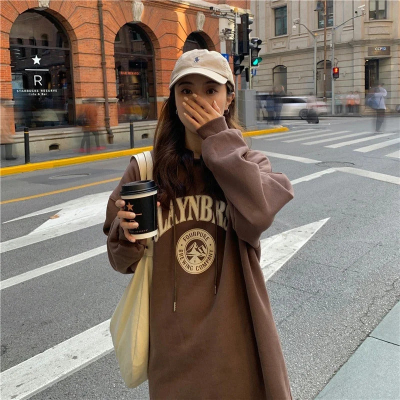 Long Hood Sweater Dress Women Autumn and Winter Fleece-lined Thickened Pullover Small Loose Mid-Length over-the-Knee Dress