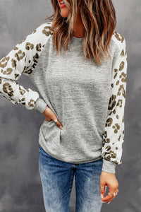 Blank Apparel - Gray Round Neck Leopard Long Sleeve Top