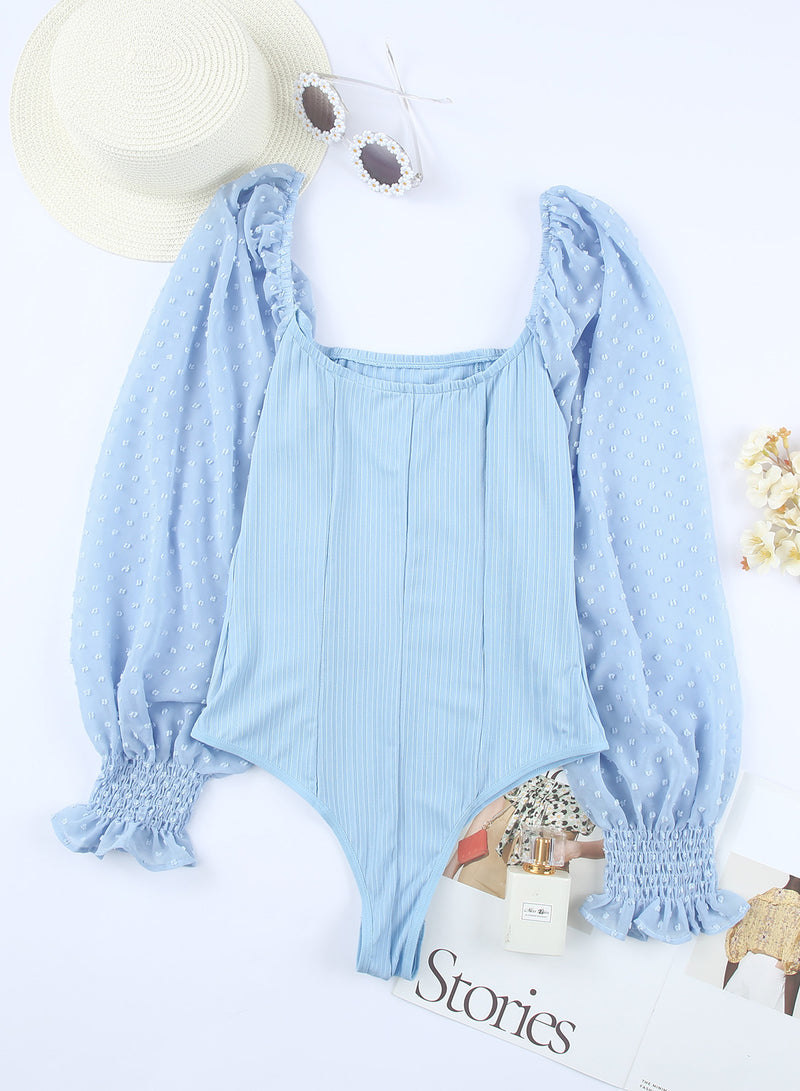 Sky Blue Solid Swiss Dot Ribbed Puff Sleeve Bodysuit