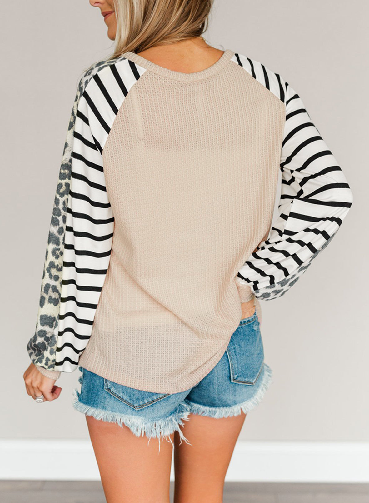 Animal Striped Sleeve Patchwork Waffle Knit Top