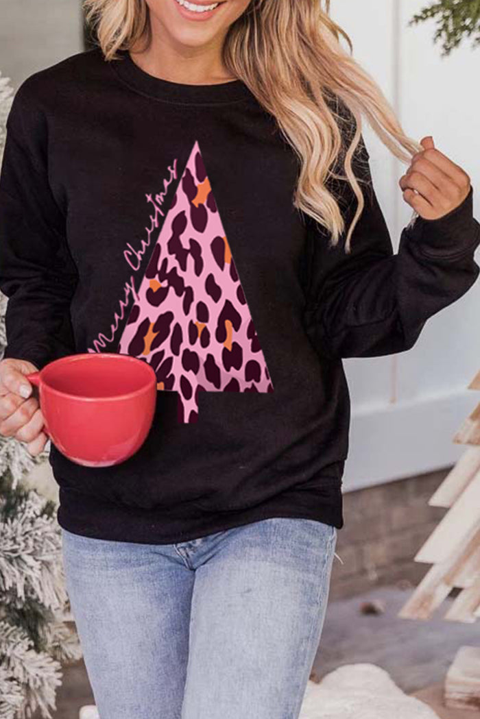 Black Leopard Christmas Tree Print Pullover Sweatshirt