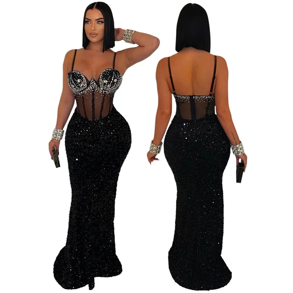 CM.YAYA Women Mesh Velvet Diamonds Sleeveless Strap Bodycon Maxi Dress Sequine Birthday Sexy Party Evening Vestidos Long Dresses