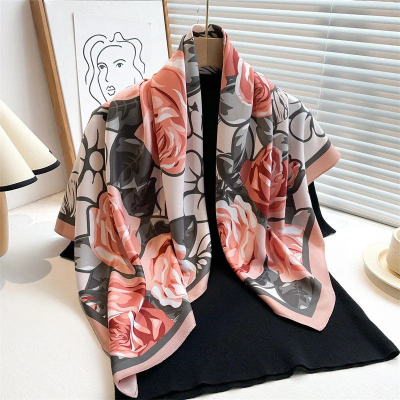 90*90Cm Square Scarf Twill Silk Feeling Women Head Shawls and Wraps Luxury Hair Tree Print Neck Scarves Hijab Bandana Pashmina