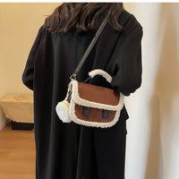 2023 Winter New Women's Plush Small Square Bag Color Contrast Design Single Shoulder Crossbody Bag Brown Handbag