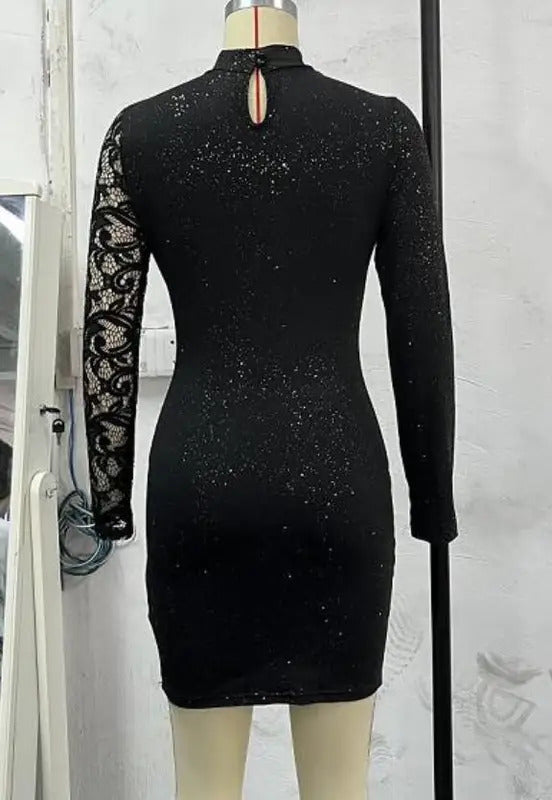 Evening Dresses for Women 2022 New Elegant Sexy Party Wedding Guest Glitter Contrast Lace Cutout Long Sleeve Bodycon Mini Dress