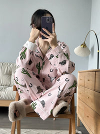 100% Cotton Pajamas for Women Loose Cartoon Long Sleeve Pants Loungewear Women 2 Piece Set Pj Women Outfit Sleepwear Set Pijamas