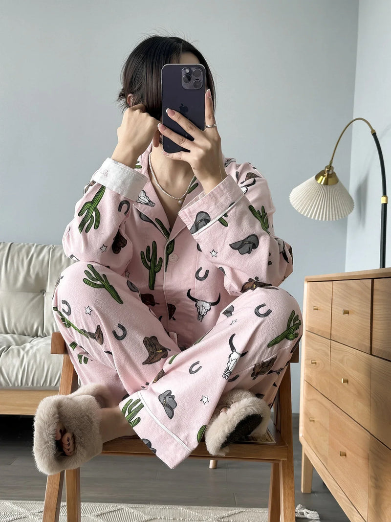 100% Cotton Pajamas for Women Loose Cartoon Long Sleeve Pants Loungewear Women 2 Piece Set Pj Women Outfit Sleepwear Set Pijamas