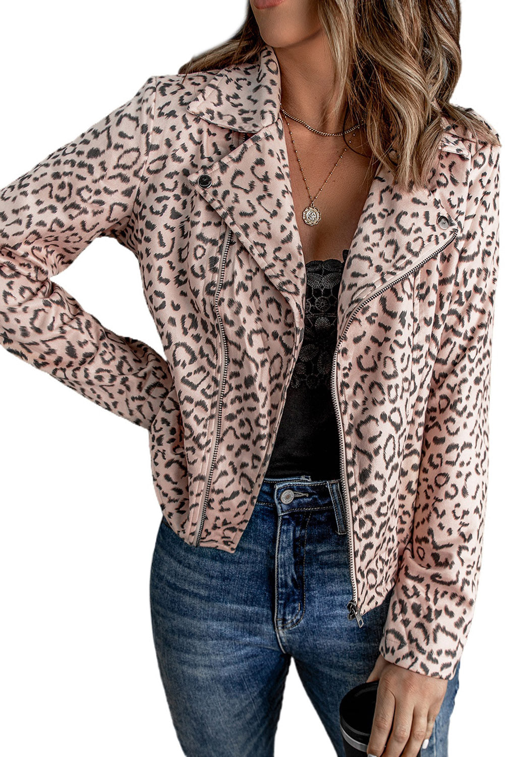 Leopard Print Zipper Lapel Collar Jacket