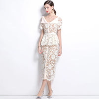 Quality Summer Beaded Diamonds Embroidery Beige White Lace Evening Dress Women Short Sleeve Ruffle Peplum Midi Prom Dresses Long