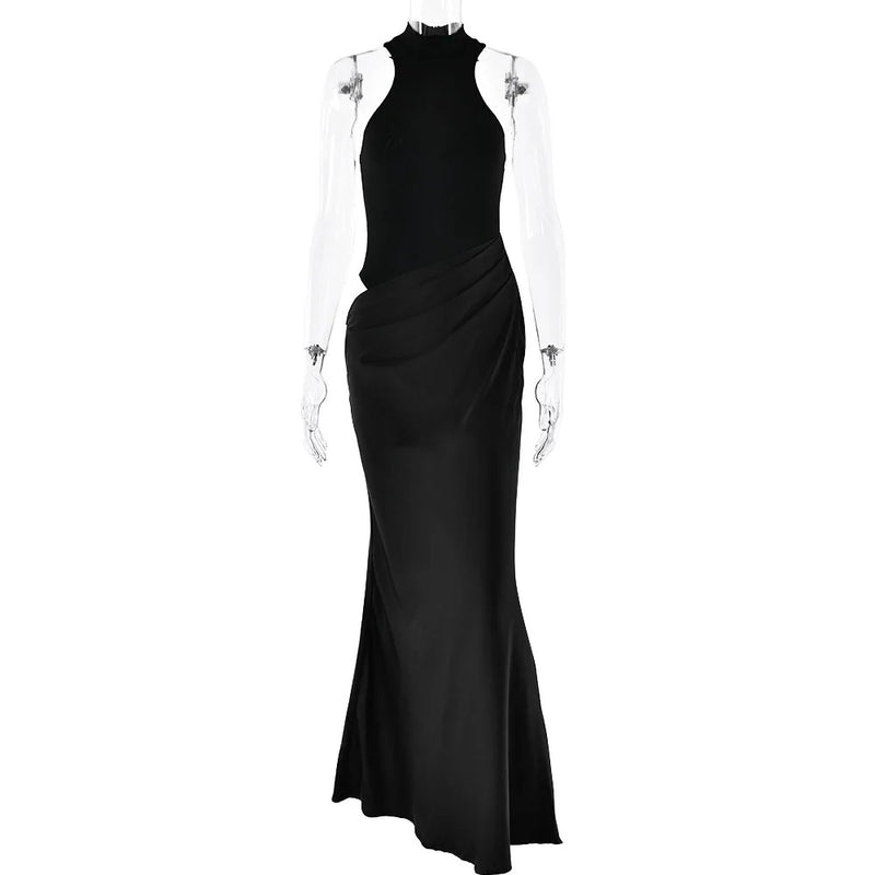 JULISSA MO Satin Sexy Hollow Out Women Maxi Dress Black Sleeveless High Waist Dress Female Autumn Skinny Elegant Party Clubwear