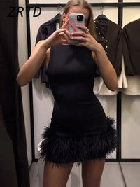 Elegant Feather Patchwork Short Party Dress Women Slim O-neck Sleeveless High Waist Female Dresses 2024 Lady Sexy Evening Robes