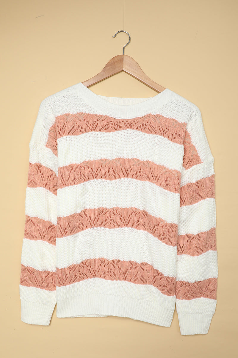 White Striped Colorblock Knit Sweater