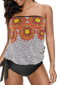 Retro Floral Leopard Pattern Strapless Tankini Set