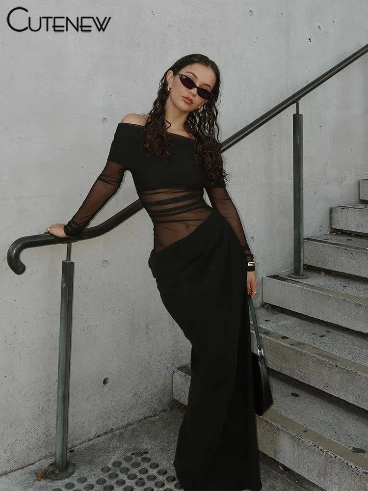 Cutenew Mesh Ruched Women Maxi Dress Sexy See Through Off Shoulder Long Sleeve Sheath Vestidos Female Midnight Party Solid Robe