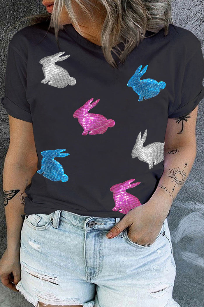 Black Shiny Rabbit Graphic Plus Size Easter T Shirt