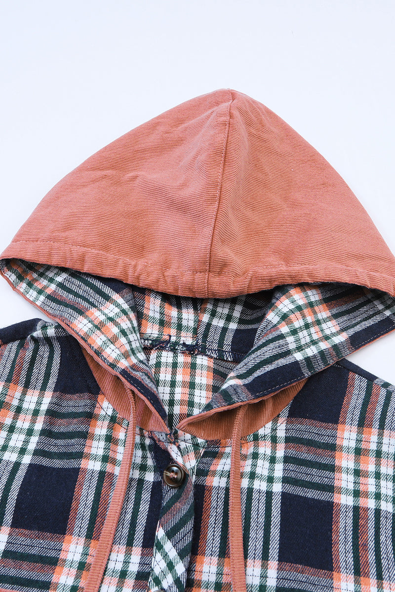 Bluing Contrast Hooded Drawstring Plaid Shacket