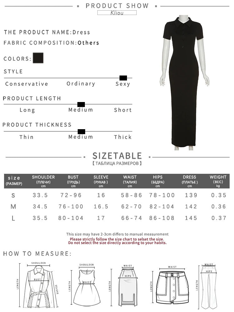 Kliou Elegant Office Lady Maxi Dress Women Solid Fashion Turn-down Collar Short Sleeve Button Side Slit Body-Shaping Street Robe