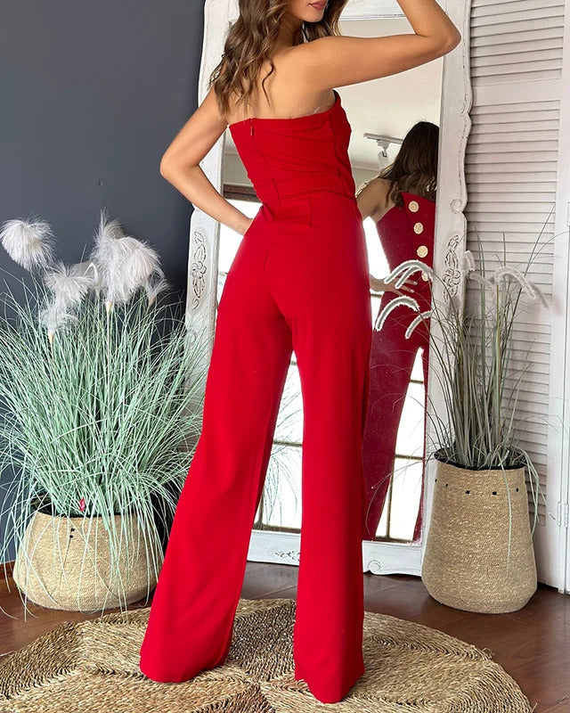 2024 Asymmetrical Bandeau Strapless Jumpsuit Metal Button Decor Casual Overalls