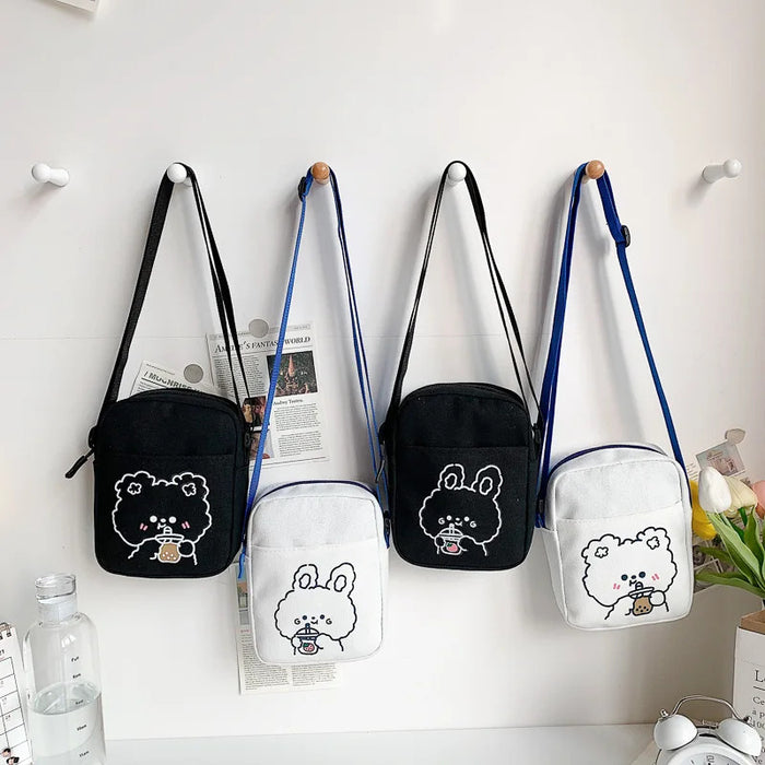 Cute Bear Rabbit Print Crossbody Bags For Women Girls Mini Canvas Square Purse Trendy Cartoon Handbags Shoulder Phone Bag New