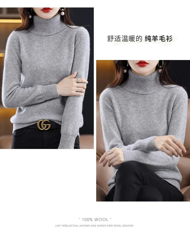 100% Merino Wool Cashmere Sweater Women Knitted Sweater Turtleneck Long Sleeve Pullovers Autumn Winter Clothing Warm Jumper Tops