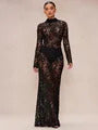 Sexy Black See-through Long Maxi Lace Dresses for Women 2024 O-neck Long Sleeve Hollow Out High Slit Irregular T-shirt Dress