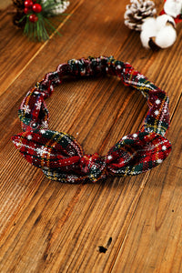 Burgundy Christmas Plaid Snowflake Print Bow Hair Tie