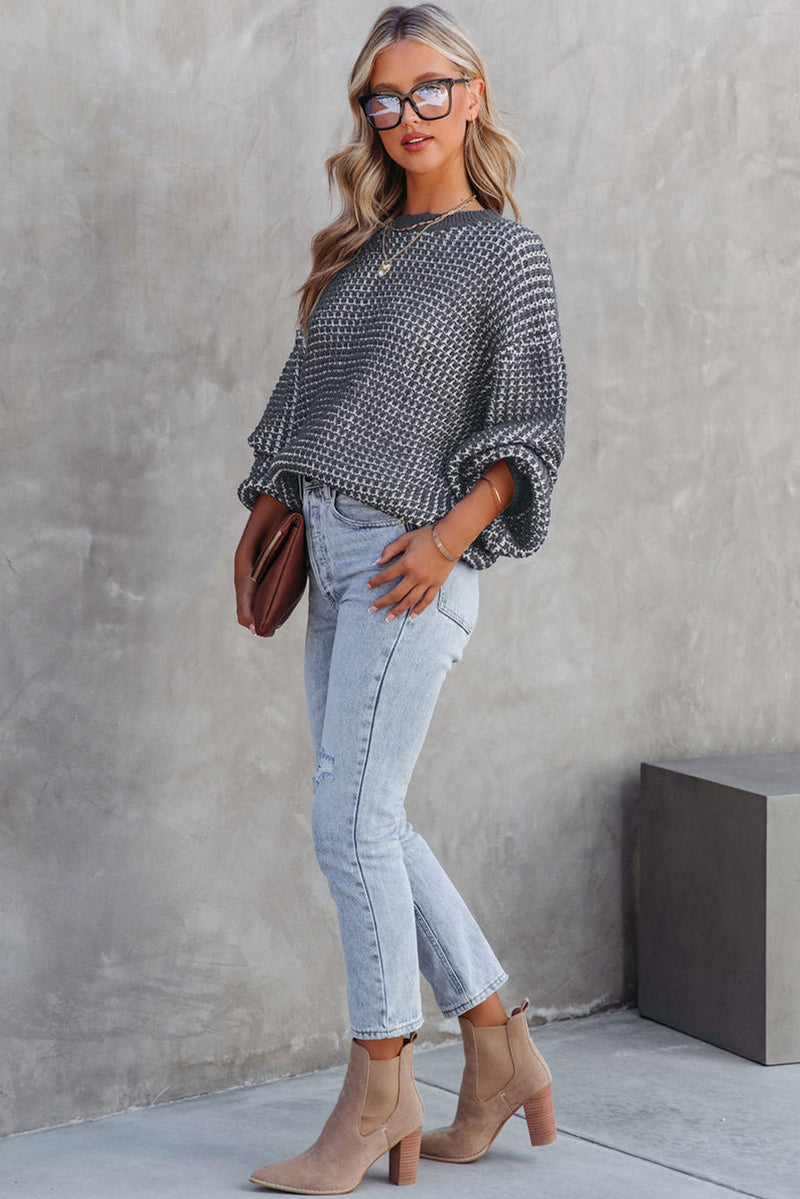 Blue Heathered Knit Drop Shoulder Puff Sleeve Sweater