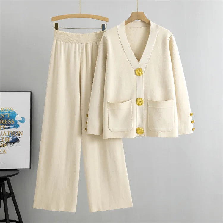 Fall Winter Women's Knit Sweater Sets Large Gold Button V-neck Cardigan Coats Conjunto High Waist Baggy 95cm Wide Leg Pants Suit