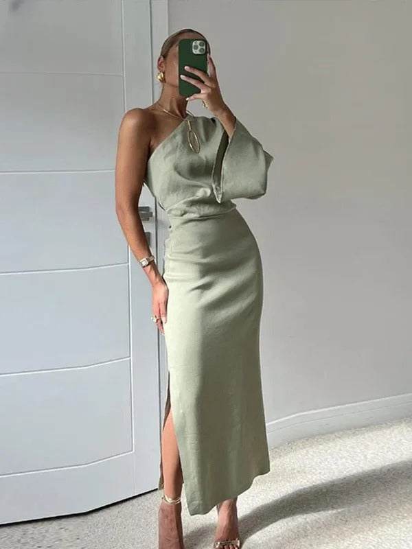 Mingmingxi Autumn Sexy One Shoulder Long Sleeve Linen Blending Dresses Elegant Backless Slit Bodycon Dress 2023 Pleated Robe