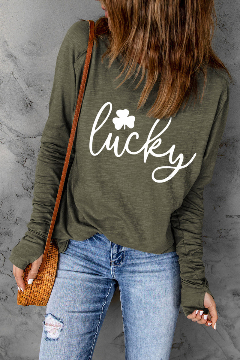 Green Lucky Clover Graphic Print Long Sleeve Tunic Top