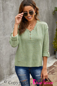 Green Buttoned Drop Shoulder Knitted Sweater