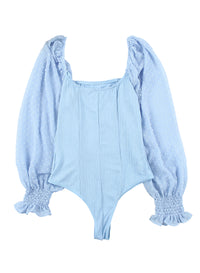 Sky Blue Solid Swiss Dot Ribbed Puff Sleeve Bodysuit