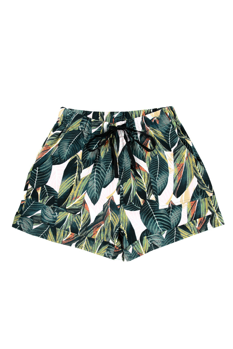 Green Leaves Print Drawstring Casual Elastic Waist Pocketed Shorts