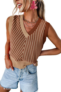 Light French Beige Contrast Chevron Knit V Neck Sweater Vest