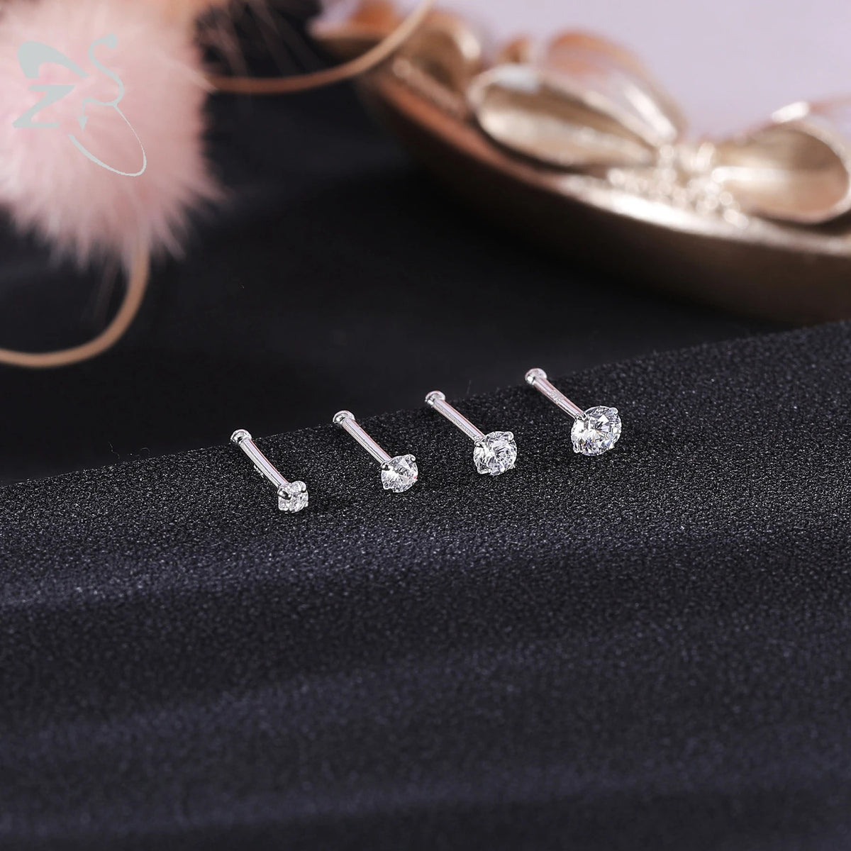 ZS 1PC 18/20G 925 Sterling Silver Nose Stud Gold Color Crystal Nose Piercings Screw L-Shape Retainer Nostril Piercing 2-3.5mm