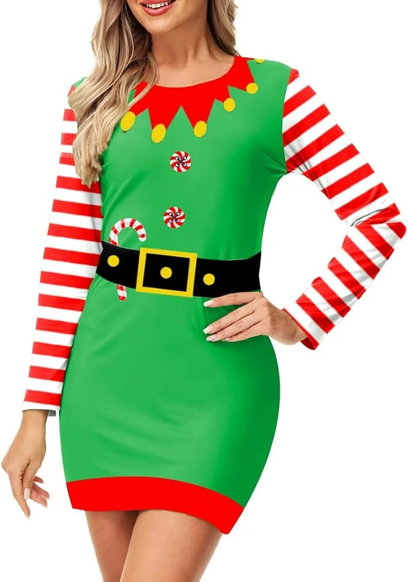 Women's Party Evening Circus Dress Up Christmas Holiday Fashion Graphic Print Long Sleeve Dress