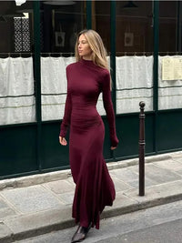 Fashion Long Sleeve Bodycon Pleated Maxi Dresses Elegant Dark Red High Necked Maxi Dress For Women Autumn New Street Vestidos