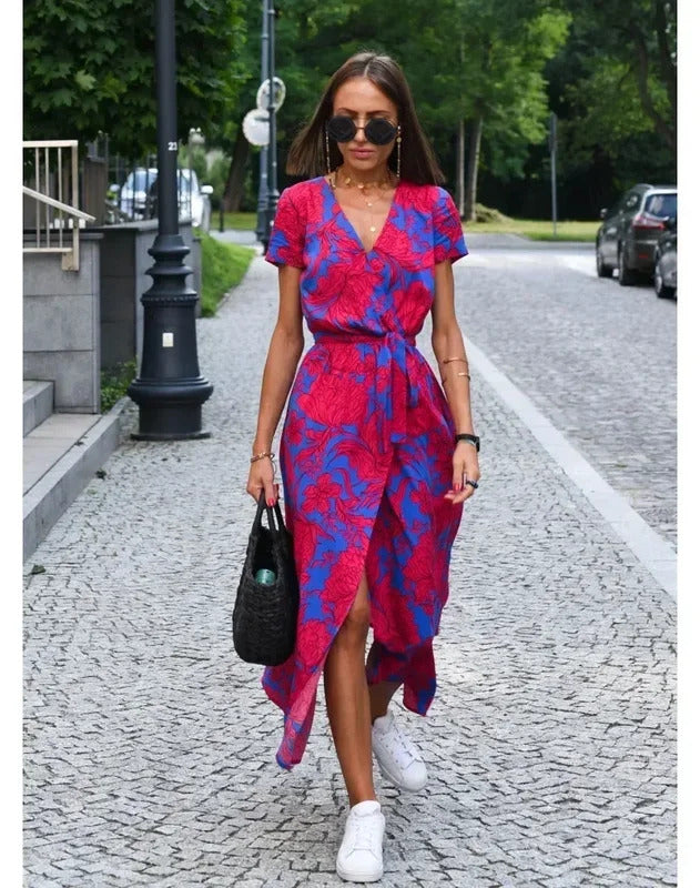 Woman's S-2XL size Summer Fashion New Floral Printed Mid-Length V-Neck Dress Split Vacation Style Dresses