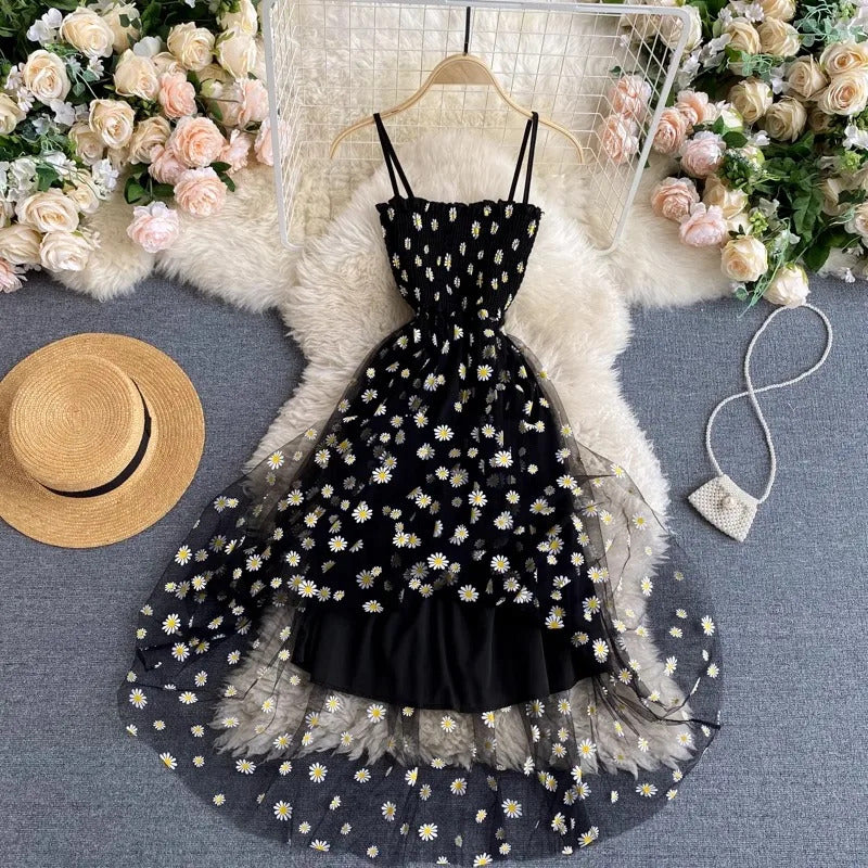 YuooMuoo Women Dress 2024 New Korean Fashion Floral Print Spaghetti Straps Mesh Party Dress Vacation Style Lady Beach Vestidos