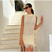 Elegant Knit Tassels Hollow Out Mini Dress Women Slim O-neck Sleeveless Female Beach Dresses 2024 Summer Lady Fashion Vestidos