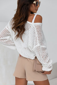 White Hollowed Knit Dolman Sleeve Sweater Cardigan