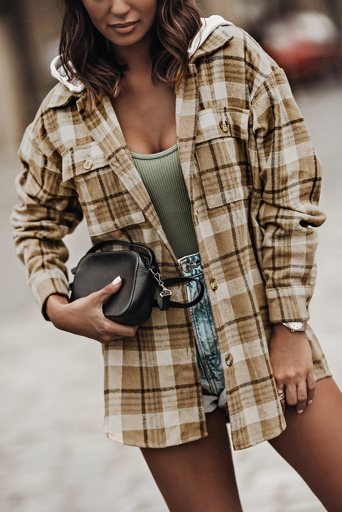 Khaki Plaid Shirt Hooded Jacket