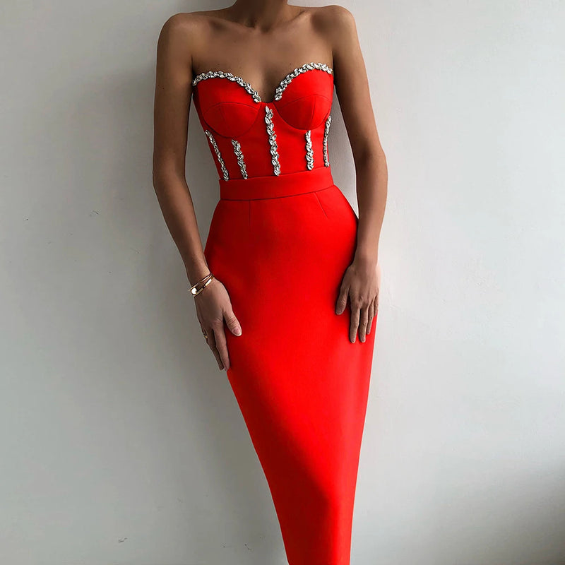 Sexy Strapless Women Dress Bandage Bodycon 2023 New Elegant Beading Party Evening Club Midi Dresses Summer Autumn Clothes