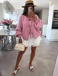 Womens Tie Front Bow Cardigan Sweaters Oversized Chunky Knit Cardigan Long Sleeve Open Front Loose Knitwears Bow Pink Tops