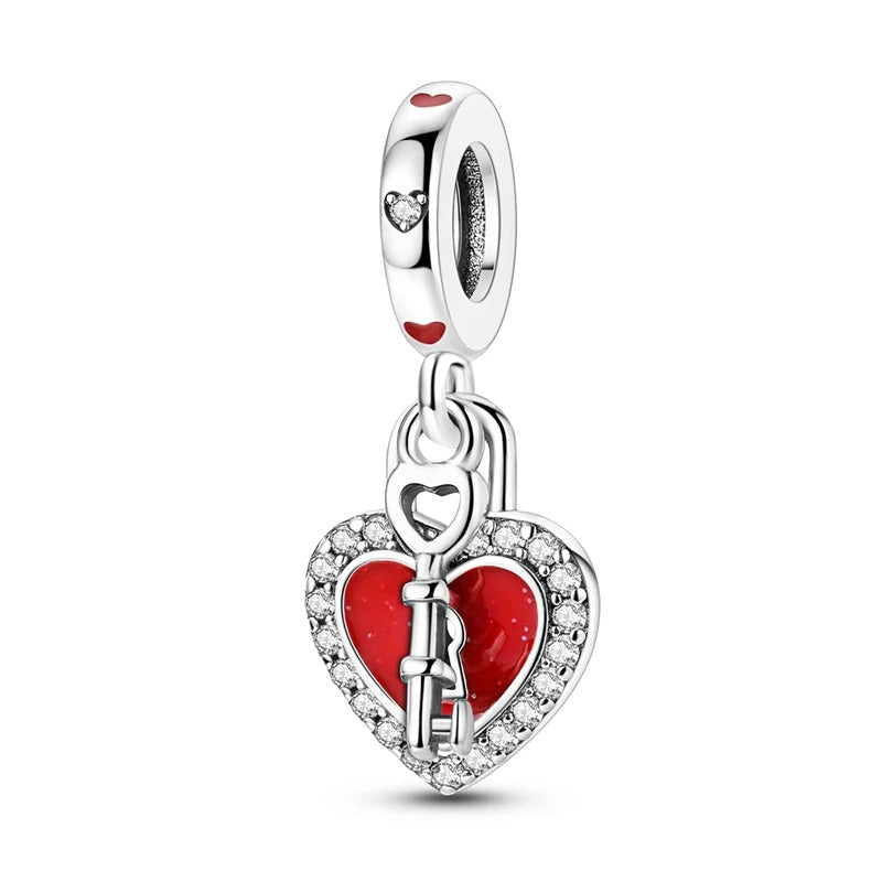 S925 Sterling Silver Valentine's Day Red Series Red Heart Charm Bow Ring Heart Necklace Fit Bracelet DIY for Women Jewelry Gift