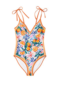 Orange Fruit Plant Print Tied Straps V Neck One Piece Swimsuit