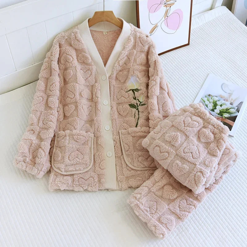 2024 Autumn/Winter New Women's Pajama Set Flannel Thickened Warm Cute Long Sleeve Pants Two Piece Coral Fleece Home Fur Women