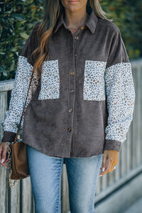 Gray Leopard Patchwork Corduroy Buttoned Shirt Jacket