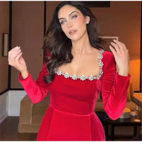 Women Chic Rivet Square Neck Zipper Velvet Dress Fashion Long Sleeve High Waist Mini Dresses Lady New Short Evening Party Robes