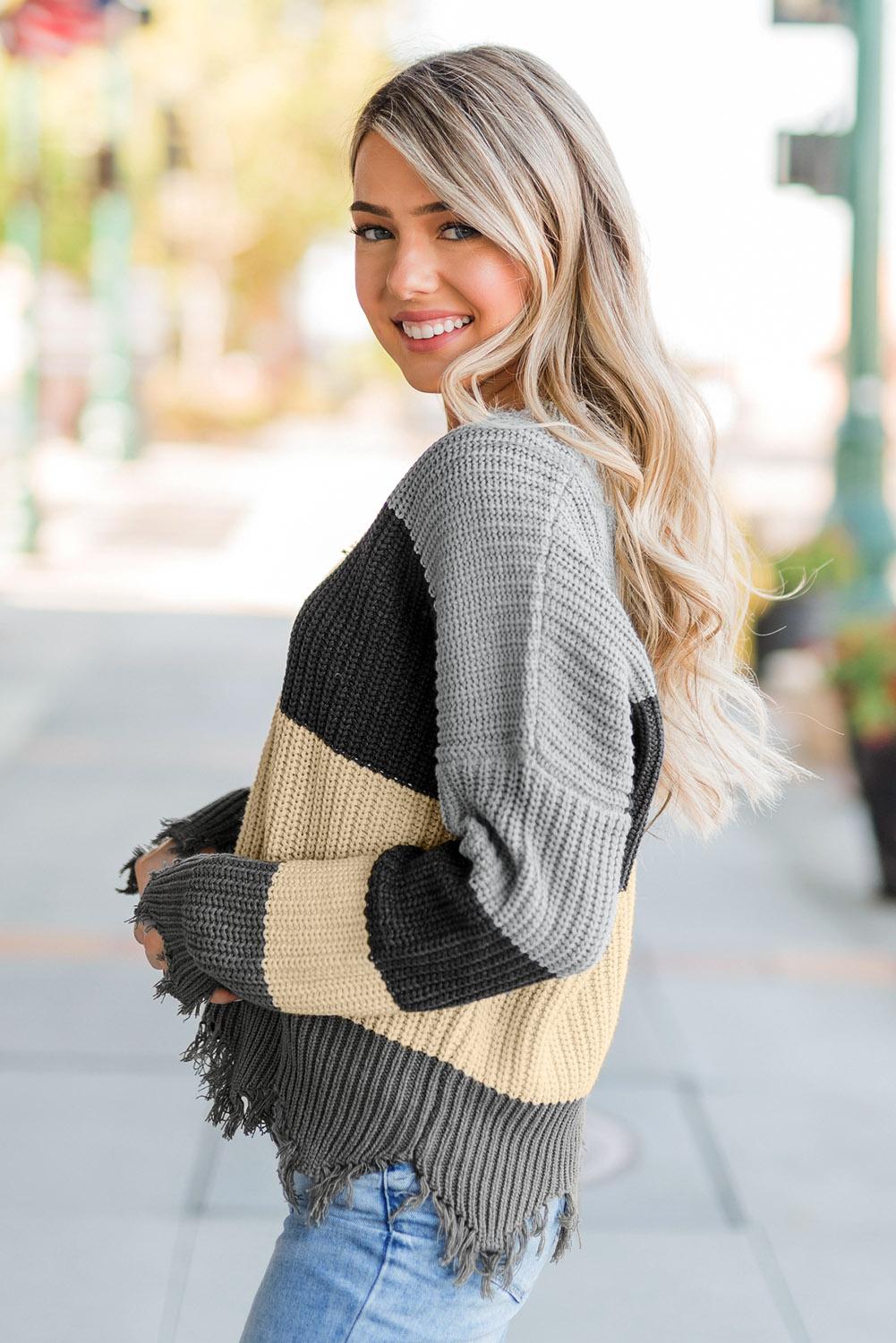 Gray Colorblock Distressed Sweater